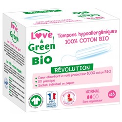 Love and Green Tampons Hypoallerg?niques 100% Coton Bio 16 Tampons Normal sans Applicateur