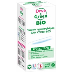 Love and Green Tampons Hypoallerg?niques 100% Coton Bio 14 Tampons Super avec Applicateur