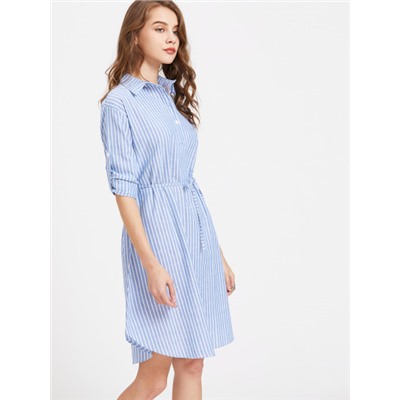 Синее модное платье-рубашка в полоску