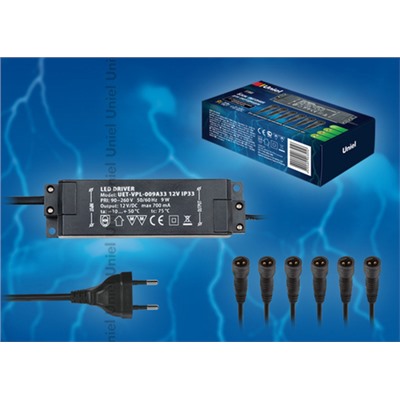 UET-VPL-009А33 12V IP33 6 выходов Блок питания для светодиодов с вилкой, влагозащищенным кабелем и 6 коннекторами. Мощность 9W, напряжение 12V, IP33. Упаковка картонная коробка.