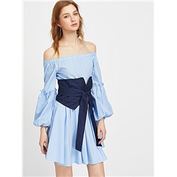 Синее модное платье с поясом и открытыми плечами, рукав-фонарик