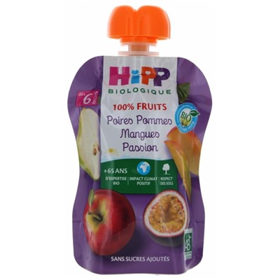 HiPP 100% Fruits Gourde Poires Pommes Mangues Passion d?s 6 Mois Bio 90 g