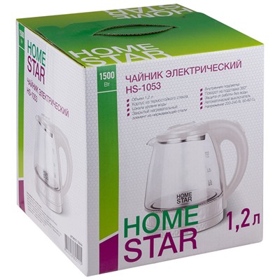 Чайник Homestar HS-1053 (1,2 л.) стекло, пластик белый