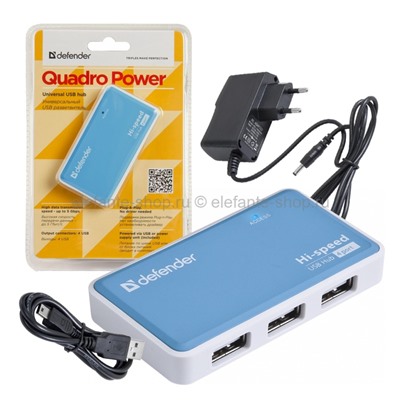 Разветвитель HUB USB 2.0 Defender Quadro Power 4Port Blue (UM)