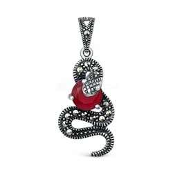 Подвеска змея из чернёного серебра с плавленым кварцем цвета рубин и марказитами GAP3130р