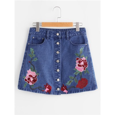 Модная джинсовая юбка на кнопках с цветочной вышивкой