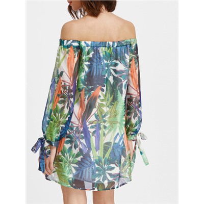Тропический платье печати с кружевными рукавами и плечи с воздухом - многоцветные