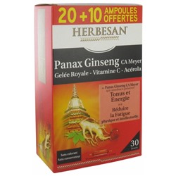 Herbesan Panax Ginseng CA Meyer Gel?e Royale Vitamine C Ac?rola 20 Ampoules + 10 Ampoules Offertes