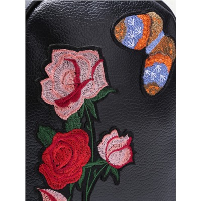 чёрный кожаный рюкзак с вышивкой бабочки и розы