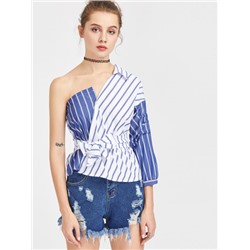Контрастная модная блуза на одно плечо с поясом