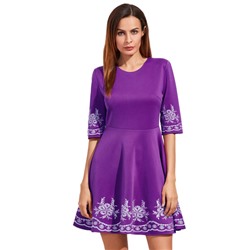 Фиолетовый Вышитые Половина рукава Flare платье