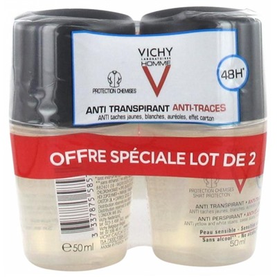 Vichy Homme D?odorant Anti-Transpirant 48H Anti-Traces Roll-On Lot de 2 x 50 ml