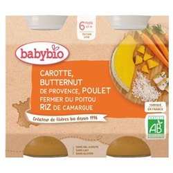 Babybio Carotte Butternut de Provence, Poulet Fermier du Poitou Riz de Camargue 6 Mois et + Bio 2 Pots de 200 g