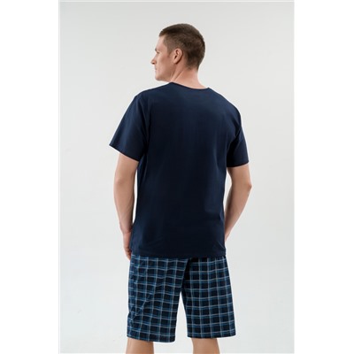 Пижама мужская из футболки с коротким рукавом и бридж из кулирки Генри темно-синий макси