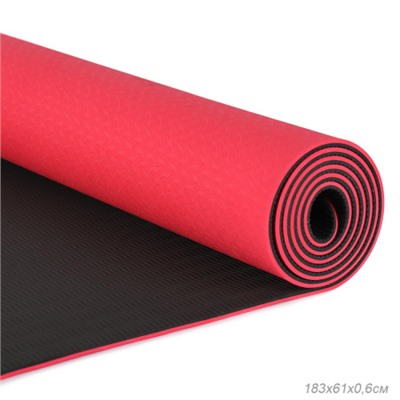 Коврик для йоги и фитнеса спортивный гимнастический двухслойный TPE 6мм. 183х61х0,6 цвет: красный / YM2-TPE-6R / уп 12/