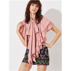 Pink Tie Neck оборками Layered Cape Top