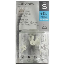 Suavinex Premium Biberon en Verre avec T?tine Ronde D?bit Lent 120 ml 0 Mois et +