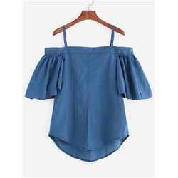 Синяя модная блуза с воланами с открытыми плечами