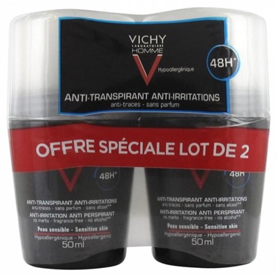 Vichy Homme D?odorant Anti-Transpirant Anti-Irritations 48H Roll-On Lot de 2 x 50 ml