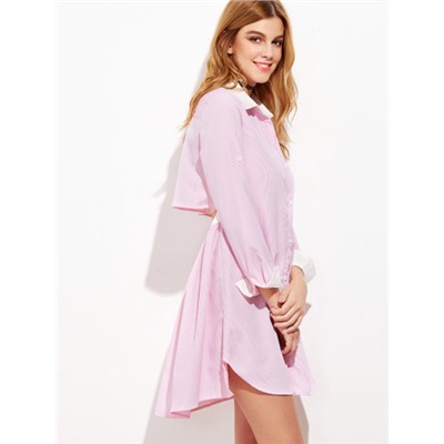 розовое модное платье-рубашка с вырезом