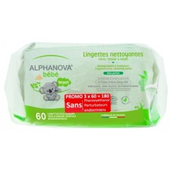 Alphanova B?b? Lingettes Nettoyantes Sans Parfum Lot de 3 x 60 Lingettes