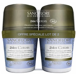 Sanoflore 24H Coton D?odorant Fra?cheur Anti-Traces Roll-On Bio Lot de 2 x 50 ml