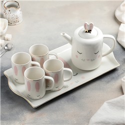 Набор керамический чайный «Зайка», 6 предметов: 4 кружки 220 мл, чайник 900 мл, поднос