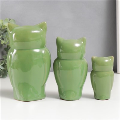 Сувенир керамика "Три филина" зелёный набор 3 шт 8,5х4,5х3,8 12х6,5х5 15х8,5х7 см