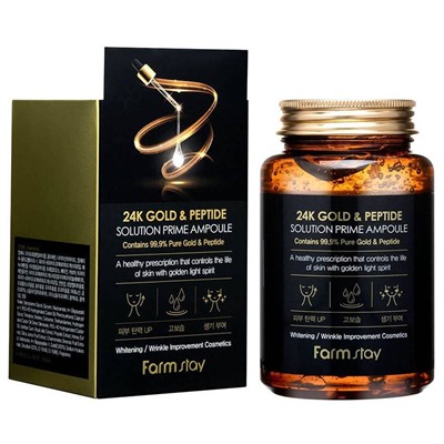 Многофункциональная ампульная сыворотка с золотом и пептидами FarmStay 24K Gold & Peptide Solution Prime Ampoule 250мл