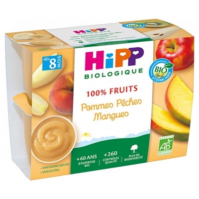 HiPP 100% Fruits Pommes P?ches Mangues d?s 8 Mois Bio 4 Pots