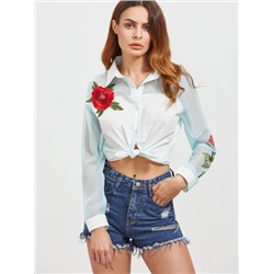 Белая модная блуза с аппликацией розы. рукав-органза