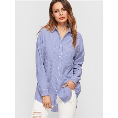 Синяя полосатая асимметричная блуза с разрезом