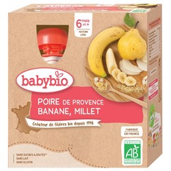 Babybio Poire Banane Millet 6 Mois et + Bio 4 Gourdes de 90 g