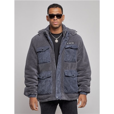 Плюшевая куртка мужская с капюшоном молодежная серого цвета 88636Sr