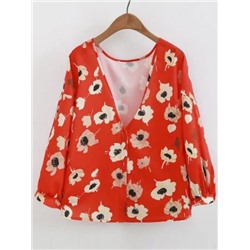 Модная блуза с цветочным принтом и V-образным вырезом