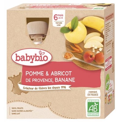 Babybio Pomme Abricot Banane 6 Mois et + Bio 4 Gourdes de 90 g