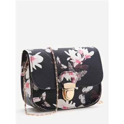 Чёрная модная сумка на цепочке с цветочным принтом