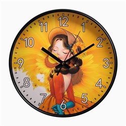 Часы настенные, серия: Интерьер, "Девушка с подсолнухом", плавный ход, d-30 см, АА