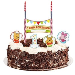 Свеча в торт Дисней «1 годик» 2 свечи, Медвежонок Винни и его друзья