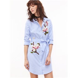 Сине-белое полосатое платье-рубашка с вышивкой с поясом