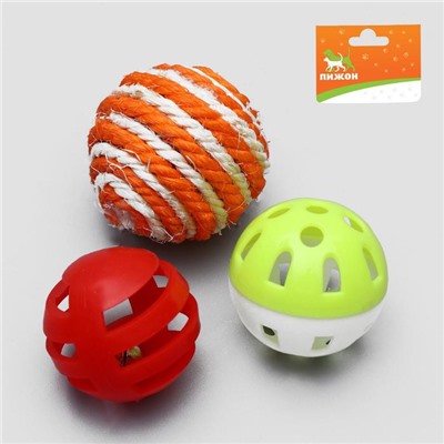 Набор игрушек для кошек: мышь и шарики из сизаля и пластика, микс цветов