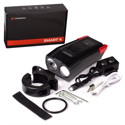Фонарь передний  интеллектуальный COMIRON "SMART4" ABS; свет: 2xT6, 800lm; 4000 mAh, USB; ближний/дальний свет сигнал 120Дб. 5 режимов красный /уп 50/