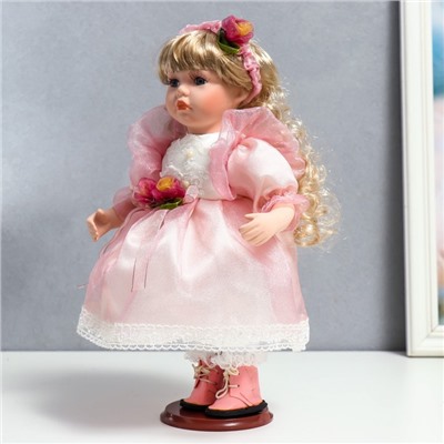 Кукла коллекционная керамика "Флора в бело-розовом платье и лентой на голове" 30 см