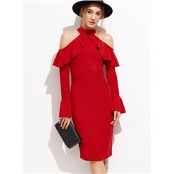 Красное модное облегающее платье с воланами с открытыми плечами