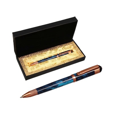Ручка подарочная, шариковая "Вензура" в кожзам футляре, поворотная, корпус мрамор синий с золотым