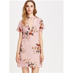 Модное шифоновое платье с цветочным принтом и V-образным вырезом