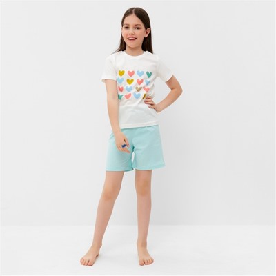 Комплект (футболка/шорты) для девочки, цвет молочный/серо-голубой, рост 128-134 см