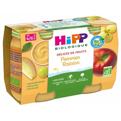 HiPP D?lices de Fruits Pommes Raisins d?s 4-6 Mois Bio 2 Pots