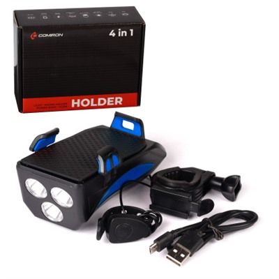 Фонарь передний COMIRON "HOLDER" ABS, IPX5; 3*T6 LED, 400lm; 4800mAh USB индикатор заряда POWER BANK сигнал 130Дб крепление смартфона синий /уп 20/80/