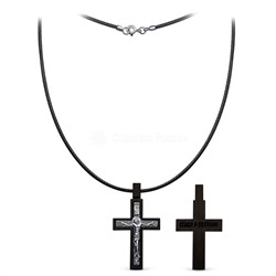 Колье с крестом из дерева граб на текстильном вощёном шнурке с элементами из чернёного и родированного серебра - Распятие, 3,9 см ГК-008